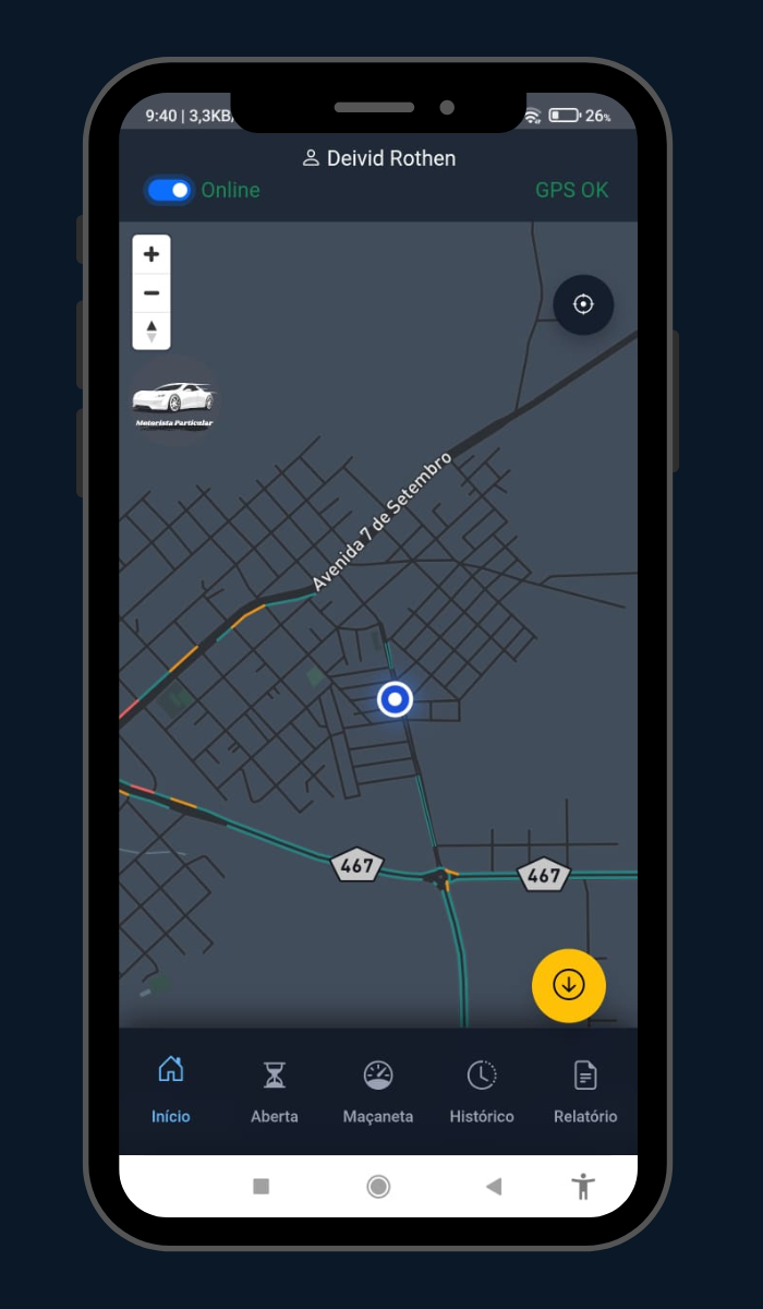 Tela do aplicativo do motorista mostrando a simulação de corrida