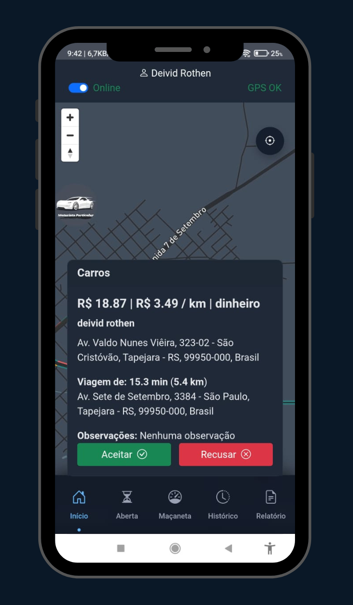 Tela do aplicativo do motorista com detalhes do trajeto