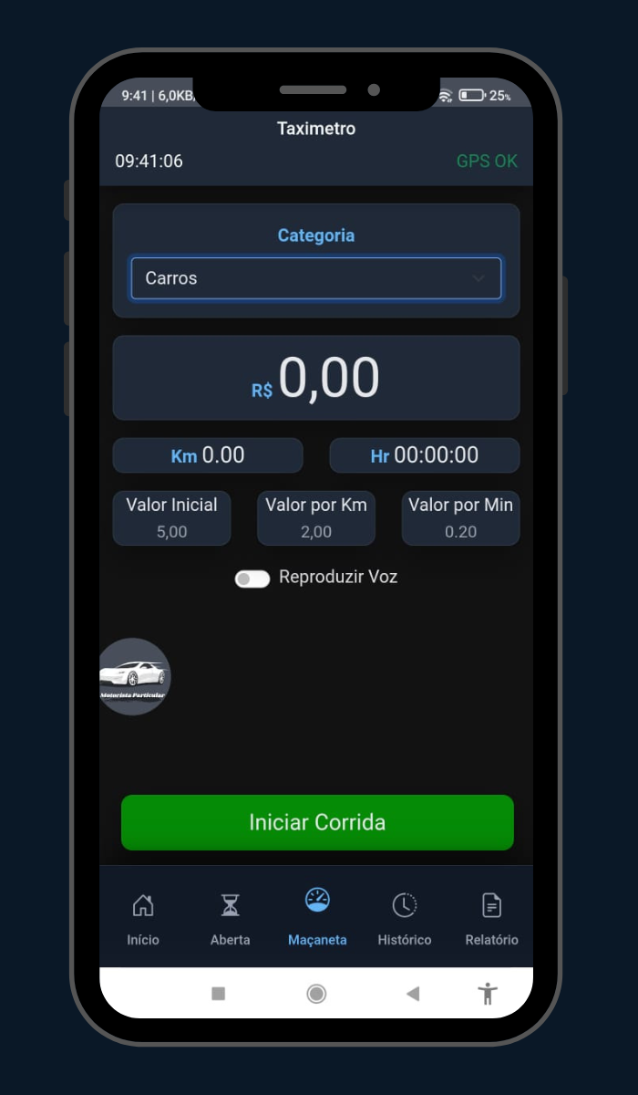 Tela do aplicativo do motorista apresentando status da corrida
