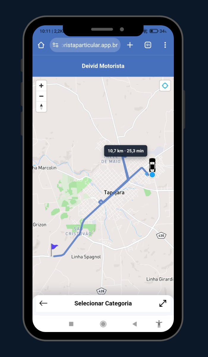 Tela do aplicativo do passageiro exibindo simulação de corrida